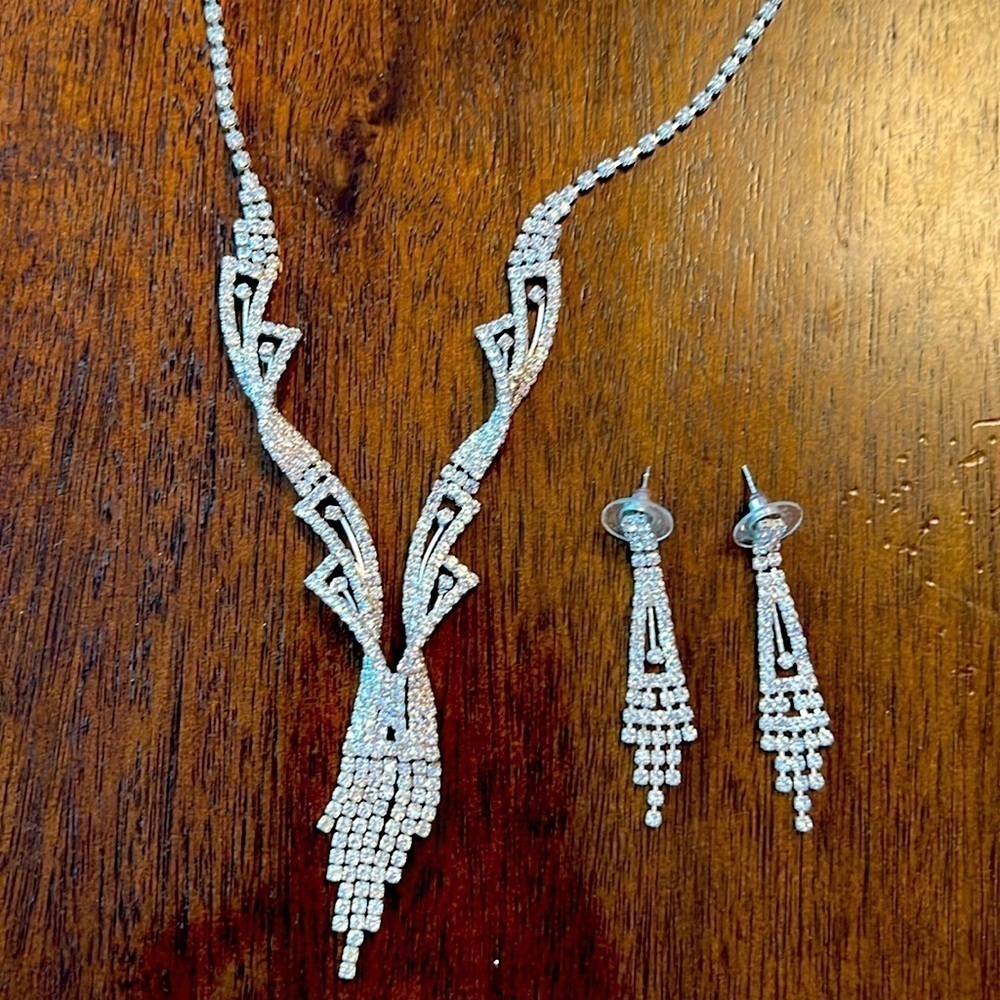 Bridal set - earrings and necklace, crystal/CZ beauties, 3D necklace, vintage - Picture 1 of 7